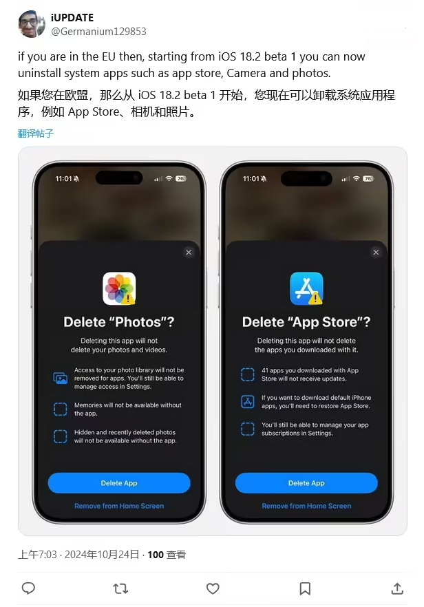 沙河苹果手机维修分享iOS 18.2 支持删除 App Store 应用商店 