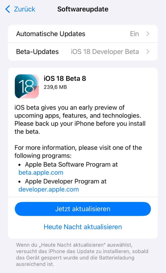 沙河苹果手机维修分享苹果 iOS / iPadOS 18 开发者预览版 Beta 8 发布 